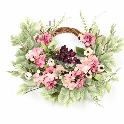 24" Artificial Farmhouse Spring Summer Half Ring Berry Greenery Leaves Hydrangeas Daisies Front Door Wreath