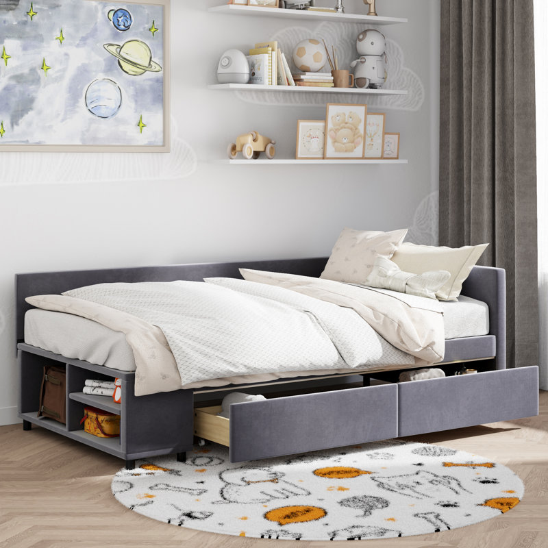 Lit plateforme tapissier en L avec rangement et tiroirs, Gris