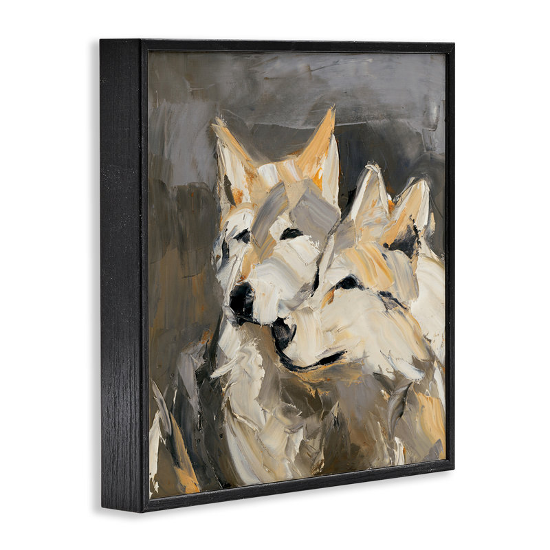 «Cuddling Wolf pair» par Julie Denise, H 12 po x l 12 po, Giclée encadrée noir minuit