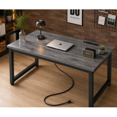 Heavy-Duty Gray Office Desk: Features An Extra-Thick, Deep Desktop And A Sturdy Metal Frame, Equipped With Multiple Ports To Accommodate Both Office Work And Gaming Needs.