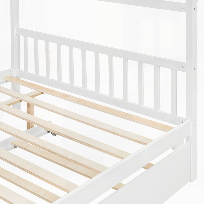 Wooden House Bed with Trundle, Full, White