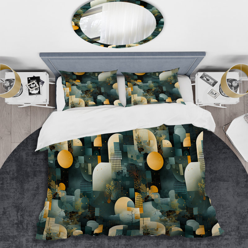 Ensemble de housse de couette à motif géométrique en béton vert et jaune, Housse de couette simple + 1 taie décorative stan