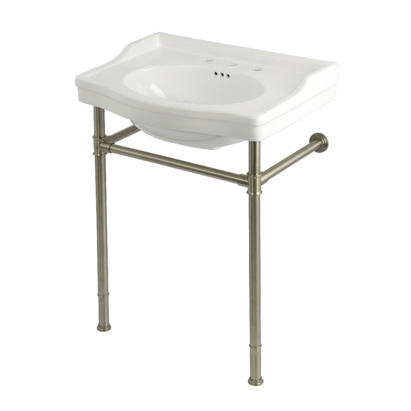 Lavabo console Kingston en céramique victorienne 30 pouces avec pieds en acier inoxydable (8 pouces, 3 trous), Nickel brossé