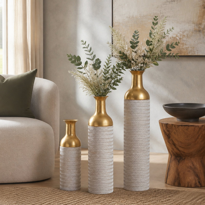 Decorative Metal Vases Set of 3 with Leaf Pattern Tall Narrow Silhouette for Living Room Entryway Decor