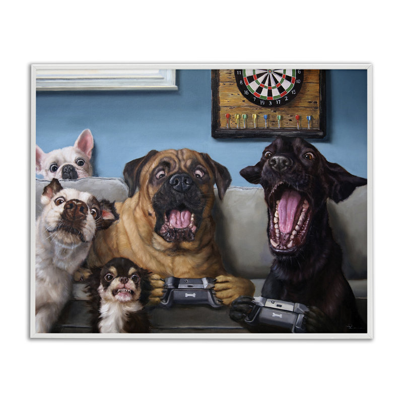 Drôles de chiens jouant à des jeux vidéo - Impression sur toile, Giclée encadrée blanc bord de mer, H 24 po x l 30 po