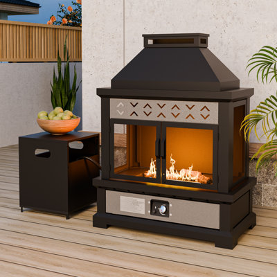 Smoke-Free Rectangular Fireplace with Tank Cover, 50,000 BTU Outdoor Gas Fire pit with Extra Cover, Hose, Ceramic Logs and Auto Ignition