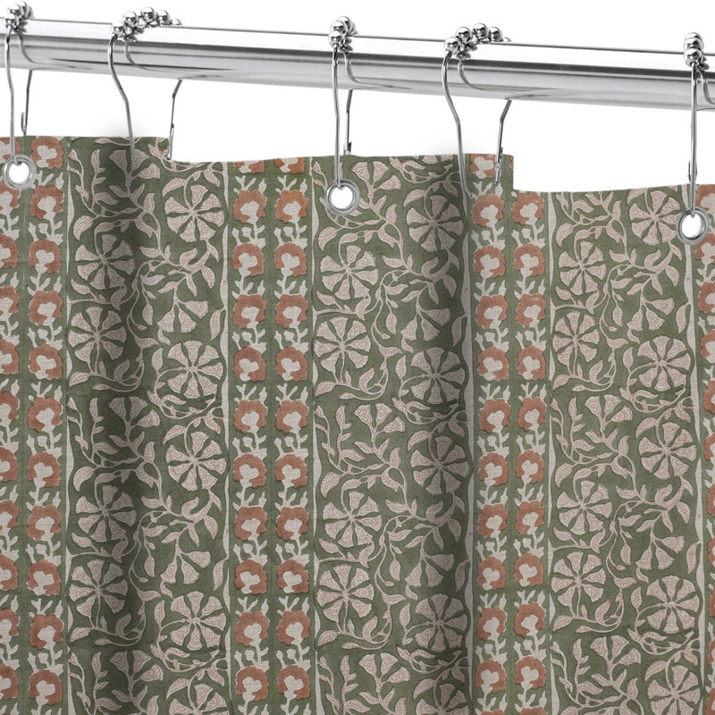Rideau de douche en lin neutre | Motif indien Fab Fabine | Décoration de salle de bain de style spa, bordure Rudrakash, vert