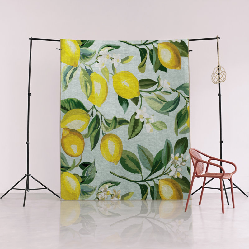 Light Blue-Themed Tree Branch and Lemon Patterned Modern Decorative Rug, Rectangle 4'11" x 7'6"