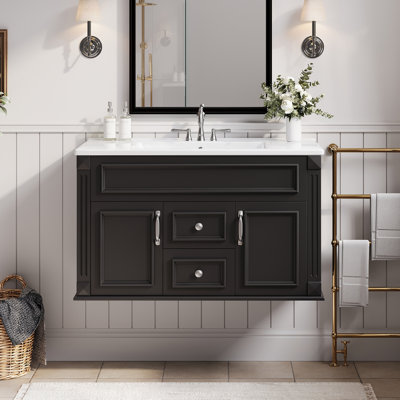 Armoire murale 36 po avec lavabo et tiroirs en céramique, meuble-lavabo simple de style français avec charnières à fermeture douce, meubles-lavabos