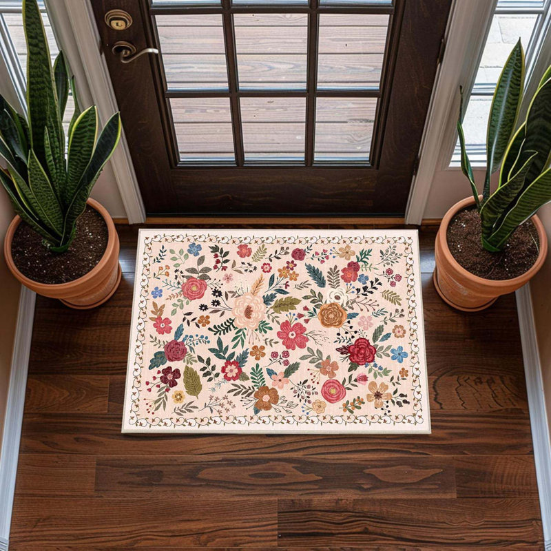 2x3 Ft  Area Rugs For Entryway, Non-Slip Low Pile Boho Small Carpet, Machine Washable Floral Throw Rug For Entrance, Bedroom, Kitchen, Laundry, Bathroom (2x3 Ft  Beige Red)