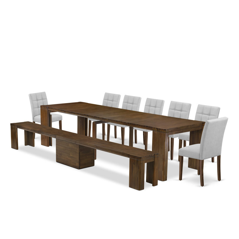 L'ensemble de 9 tables de salle à manger modernes comprend une table rectangulaire extensible, 7 chaises de salle à manger en tissu de polyester et 1 banc moderne, noyer antique