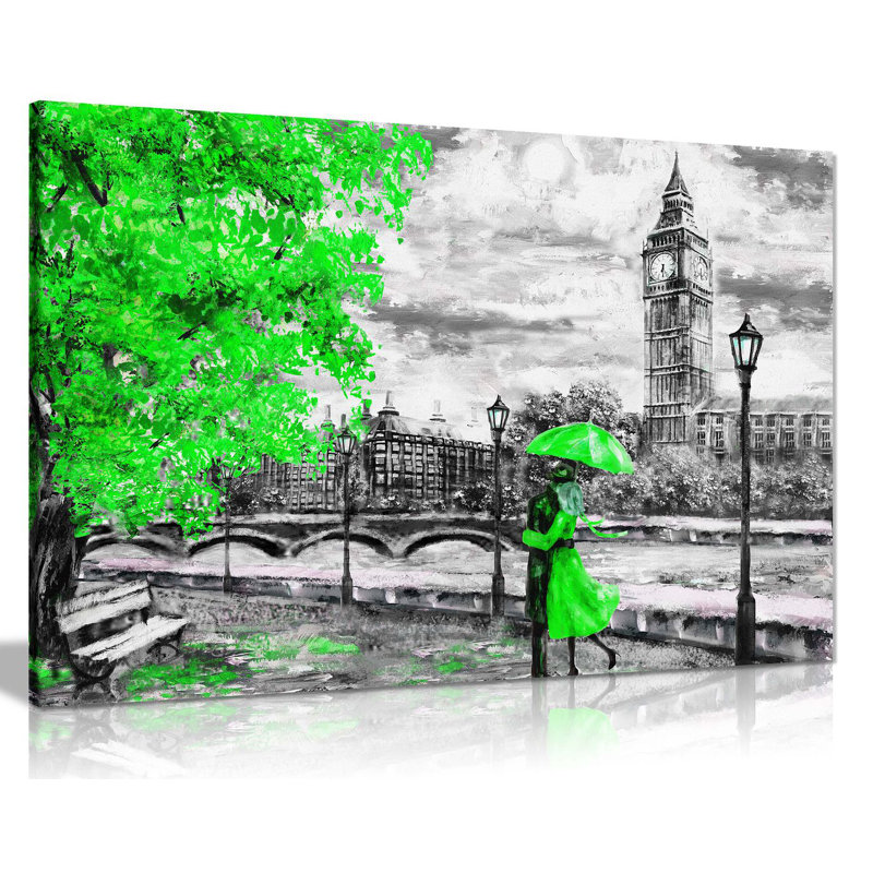 London Oil Painting Artwork Reproduction Big Ben - Wrapped Canvas Print, 61cm H x 91cm W, Green