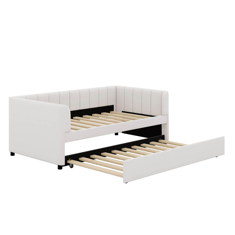 Twin Size Upholstered Daybed With Trundle And Backrest, Beige