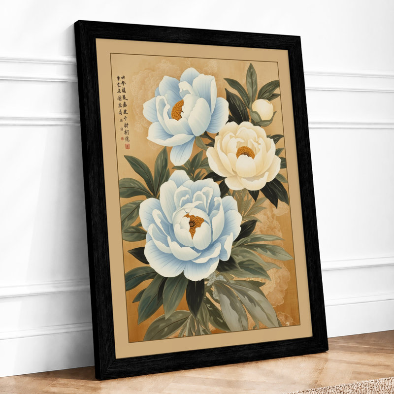 Peonies in Classical Bloom Japandi - Framed Print, A1 - 84.1 x 59.4 cm, Black