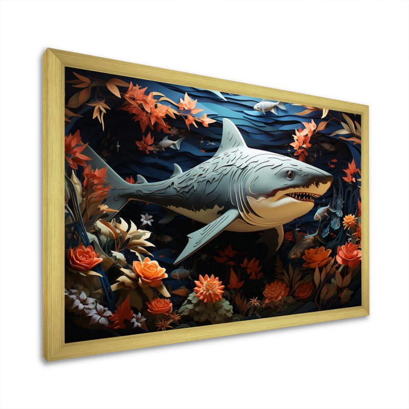 " Blue Shark Silent Hunter Papercut ", Gold Single Picture Framed, 12" H x 20" W x 1" D