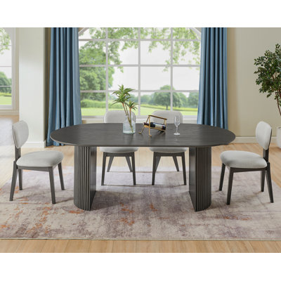 Valencia 5-Piece 80" Oval Gray Oak Finish Dining Set With Dual Pedestal Base & Light Gray Fabric Upholstered Chairs
