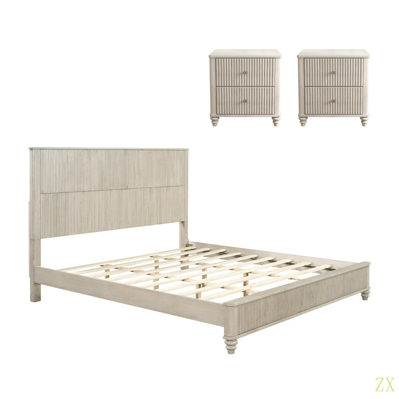 3-Piece Bedroom Set With A King Size Bed And 2 Nightstands, King, Beige