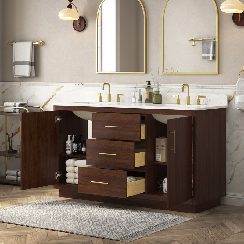 Meuble-lavabo sur pied à simple cuve 60 po avec comptoir en pierre artificielle Juska, 61"