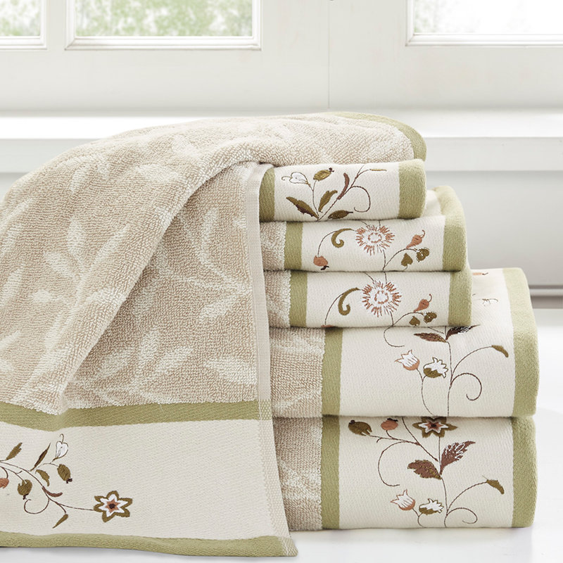 Embroidered Cotton Jacquard 6 Piece Towel Set, Green