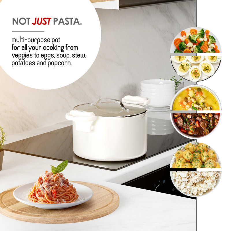 Cream Stainless Steel Pasta Pot with Strainer Lid and Twist & Lock Handles