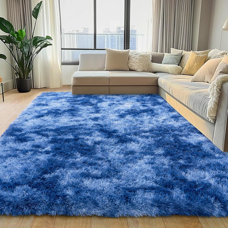 9x12 ft Tie-dyed Blue Shag Rug, Ideal for living room decor, Ultra-Soft Puffy Fluffy Rug for Bedroom Flooring, Aesthetic Carpets Suitable for Kids' Rooms, Dorms, and Home Decor