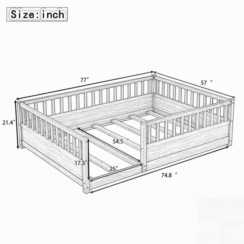 Lit au sol avec barrière de haute sécurité, idéal pour les jeux et le sommeil des enfants, structure en bois Montessori