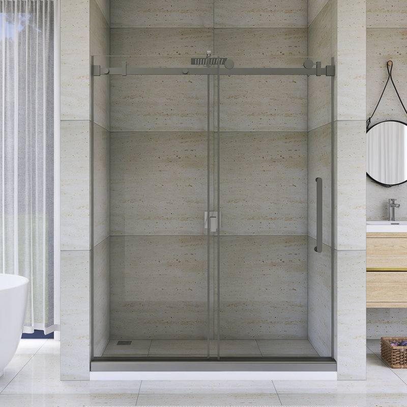 56-60 "W X 76" H Single Sliding Frameless  Shower Door In Brushed Nickel Finish, Brushed Nickel