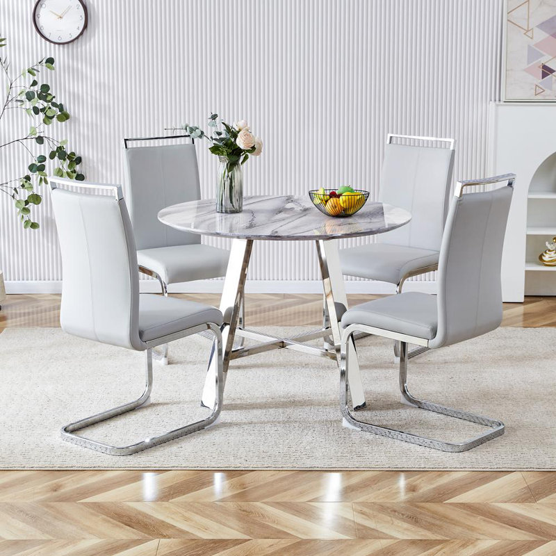 42" Marble Imitation Dining Table Set with Light Gray PU Chairs