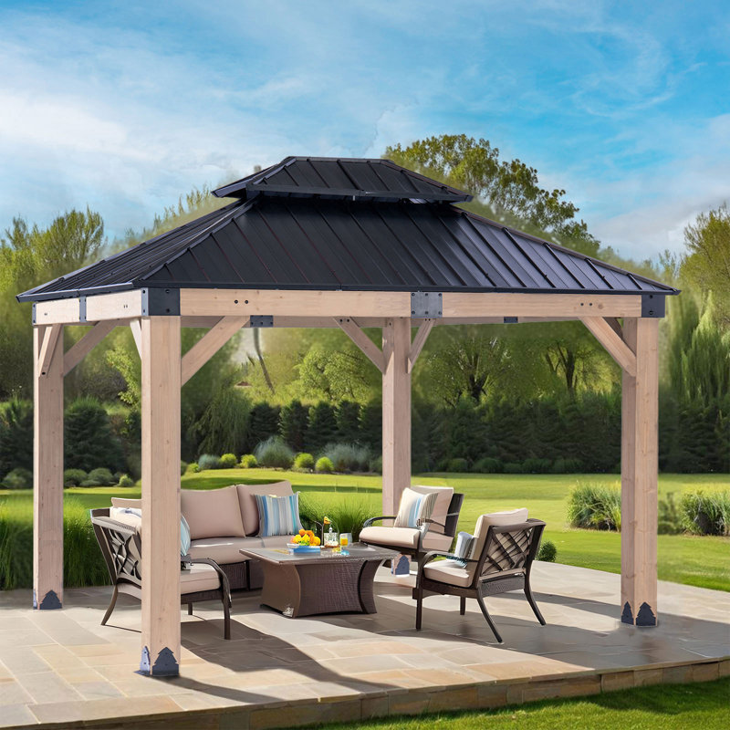 13 Ft. W x 11 Ft. D Cedar Wood Patio Gazebo with Double Metal Roof Hardtop Gazebo