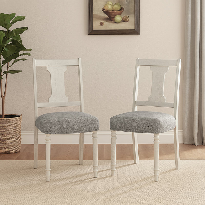 Ensemble de 2 chaises d'appoint de salle à manger avec siège revêtu de lin, blanc et gris