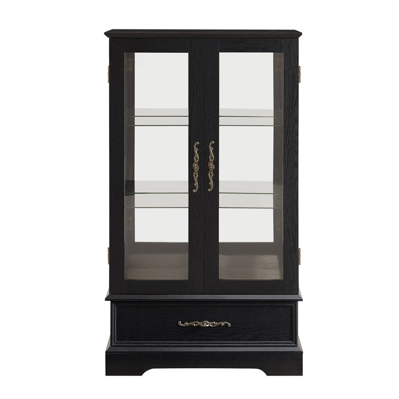 Lighted Glass Curio Cabinet With Adjustable Shelves - Elegant 2-Door Display Cabinet & Built-In Drawer