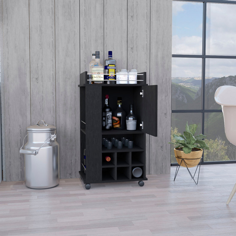 Chariot-bar Fargo avec armoire, 6 porte-bouteilles et roulettes intégrés, Noir