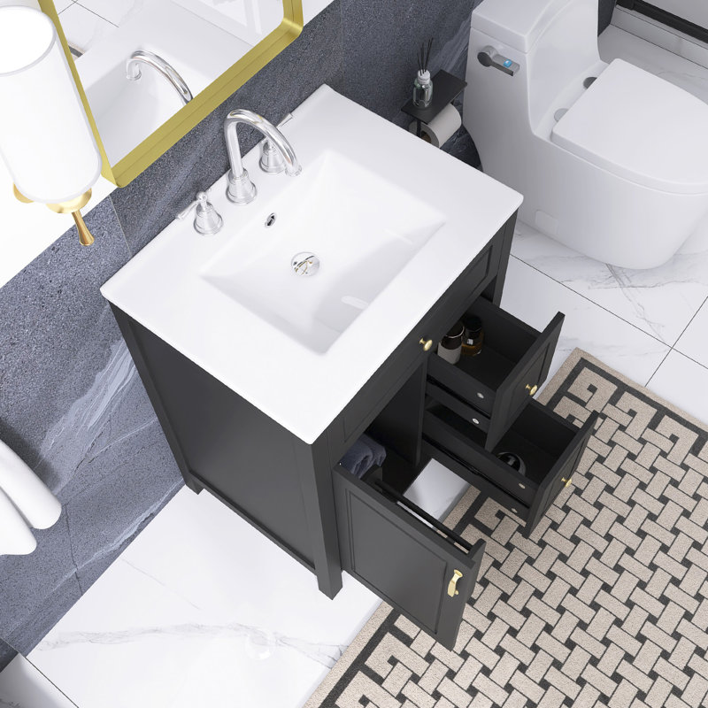 Meuble-lavabo autoportant 24 po noir avec lavabo intégré en céramique blanche, Noir, noir, noir, noir