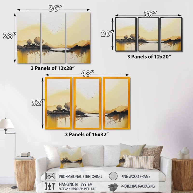 Countryroad Pendant Golden Hour I - 3 pièces sur toile, H 28 po x l 36 po x P 1 po, Toile encadrée noire