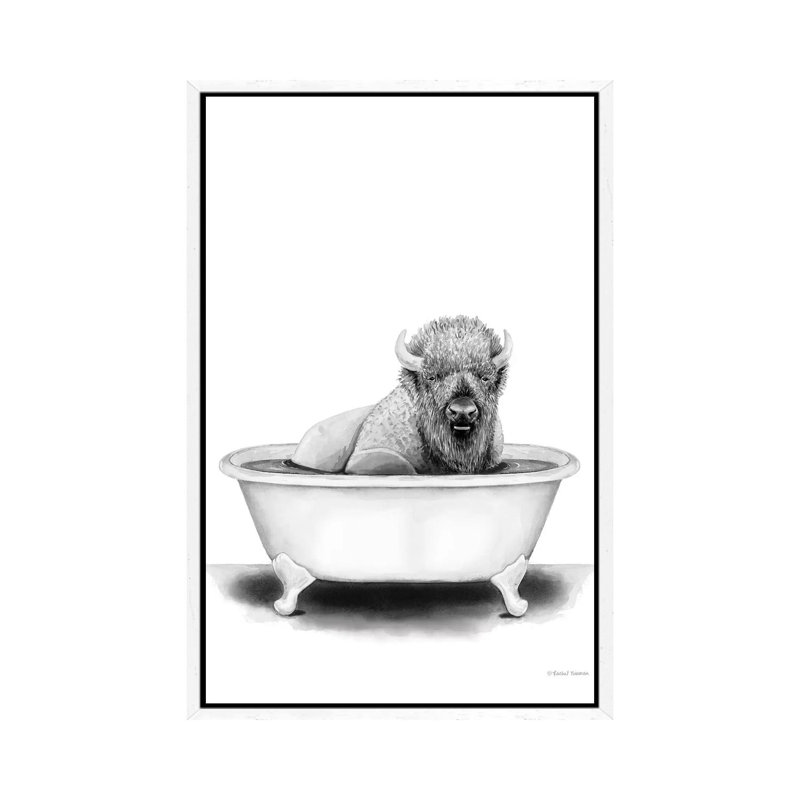 Bison In Tub by Rachel Nieman - Print on Canvas, White Framed, 101.6cm H x 66.04cm W x 3.81cm D