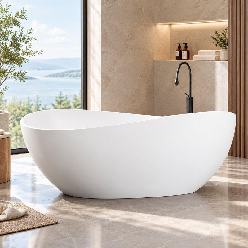 Baignoire îlot profonde KAKUSIGA 63 po, en résine de pierre blanche mate, avec trop-plein et bonde escamotable.