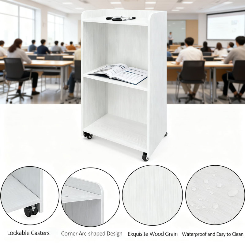Mobile Podium Stand With Locking Wheels And Large Storage Compartment For Lectures, Conferences, And Presentations