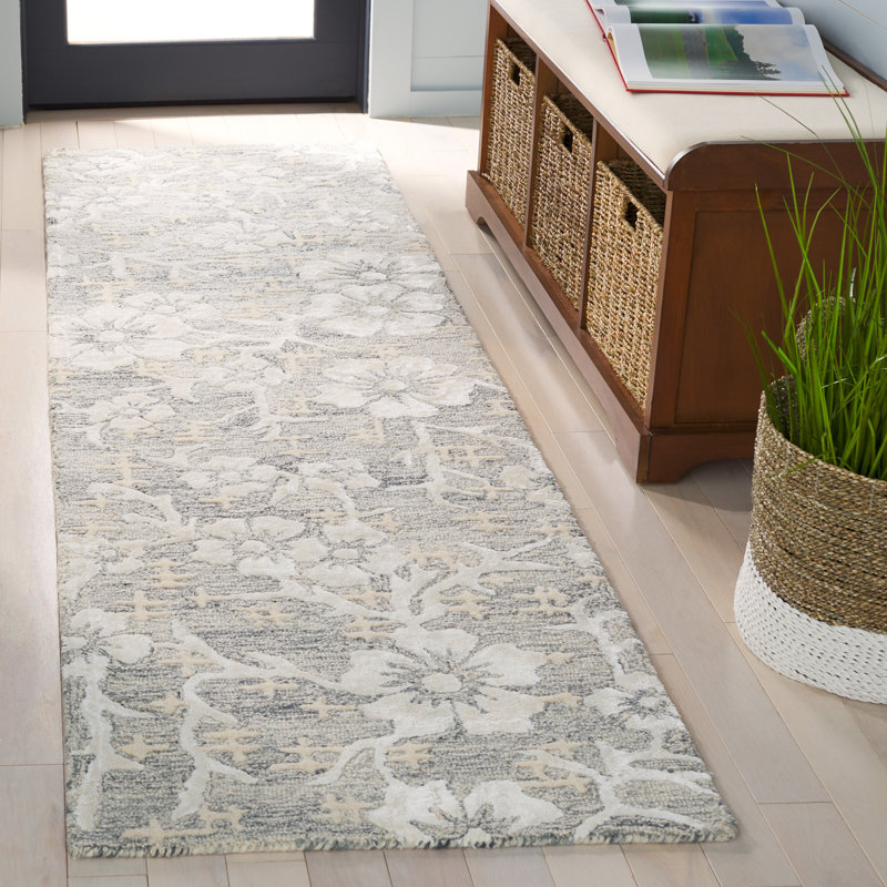 Sirish Hand Tufted Wool/Viscose/Cotton Floral Rug in Ivory/Gray, Runner 2'3" x 8'