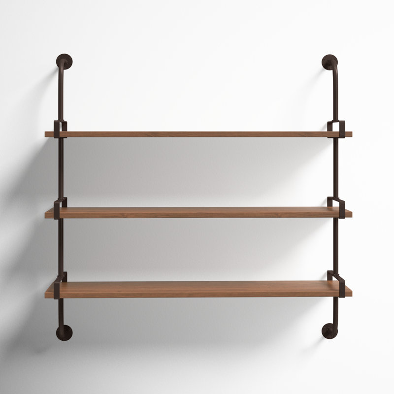 Wood 3 Level Wall Shelf with Metal Brackets, Brown/Black