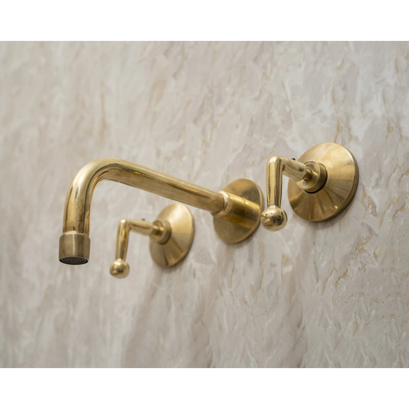 Unlacquered Brass 3-Hole Wall Mounted Bathroom Faucet With Lever Handles – Handcrafted Solid Brass