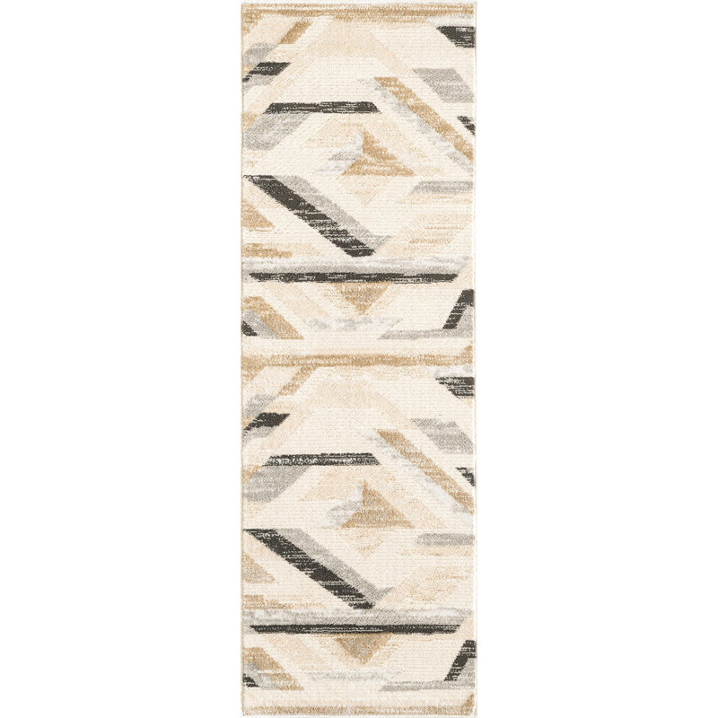 Modern Geometric Turkish Machine Woven Area Rug in Black/Beige/Gray, Runner 2'8" x 10'