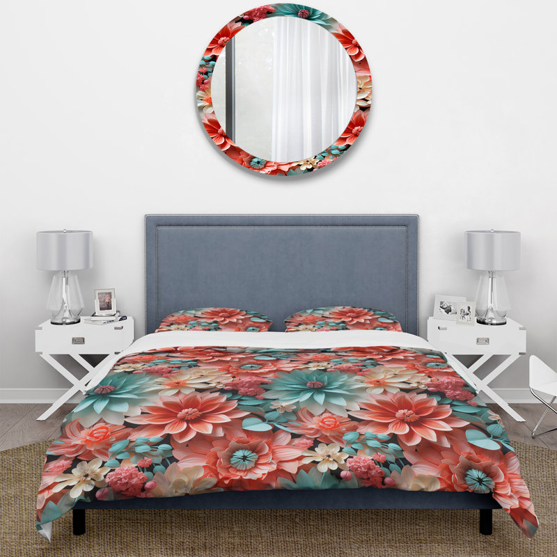 Coral Serenade Tropical Pattern Duvet Cover, Queen Duvet Cover + 2 Standard Shams