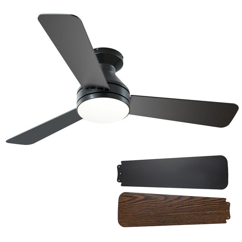 52 In. Dimmable Led Indoor/outdoor Black Flush Mount Ceiling Fan With Light And Remote, 6 Speeds Dc Reversible Noiseless