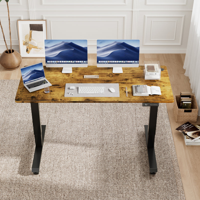 Bureau debout électrique à hauteur ajustable avec 4 roulettes verrouillables, Brun / Noir, H 27,95 po x l 55 po x P 24 po