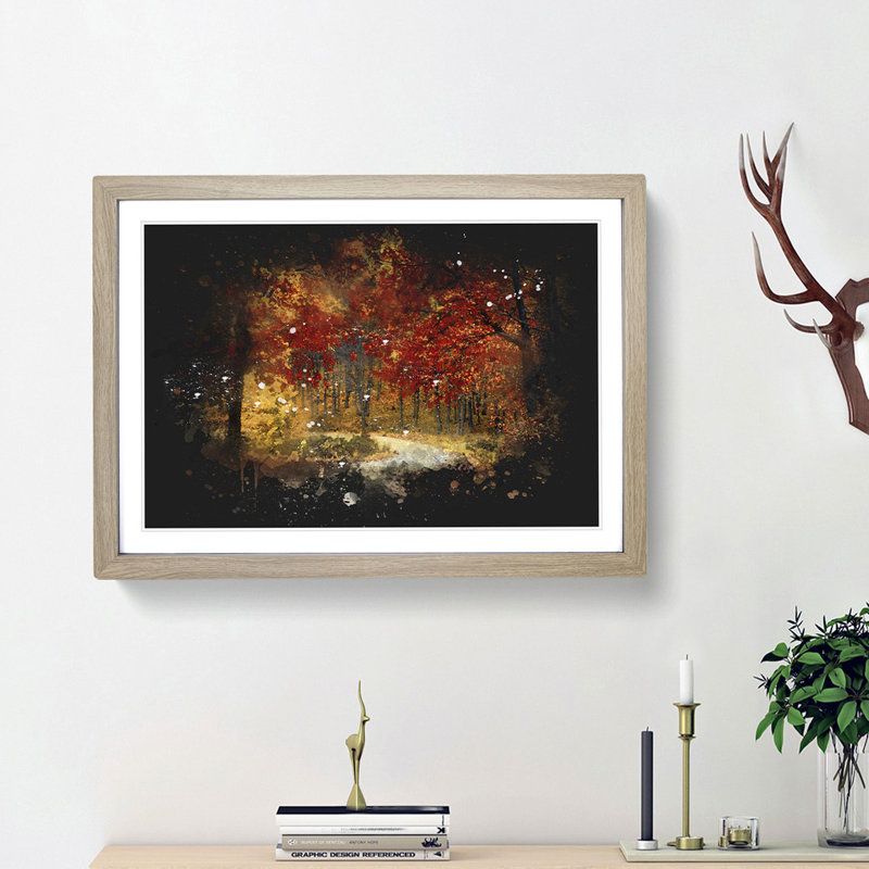 Path Through The Forest At Autumn - Single Picture Frame Print on MDF, Oak Framed, 45cm H x 63cm W x 2cm D