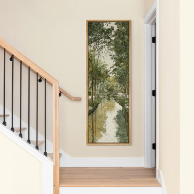 «Peaceful Forest Canal with Sunlit Trees», reproduction d'art sur toile encadrée