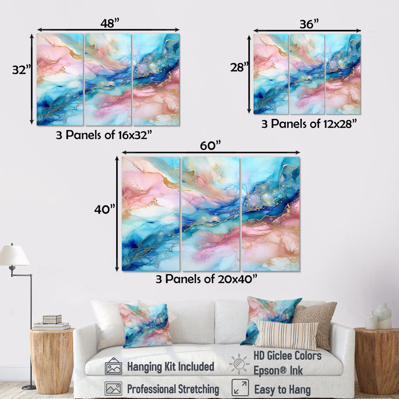 «Pink and Blue Glacier Sunrise I», ensemble d'art mural sur toile à formes abstraites, H 28 po x l 36 po x P 1 po