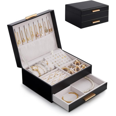 Organisateur de boîte à bijoux à 2 couches, support de boîte à bijoux avec tiroirs - noir