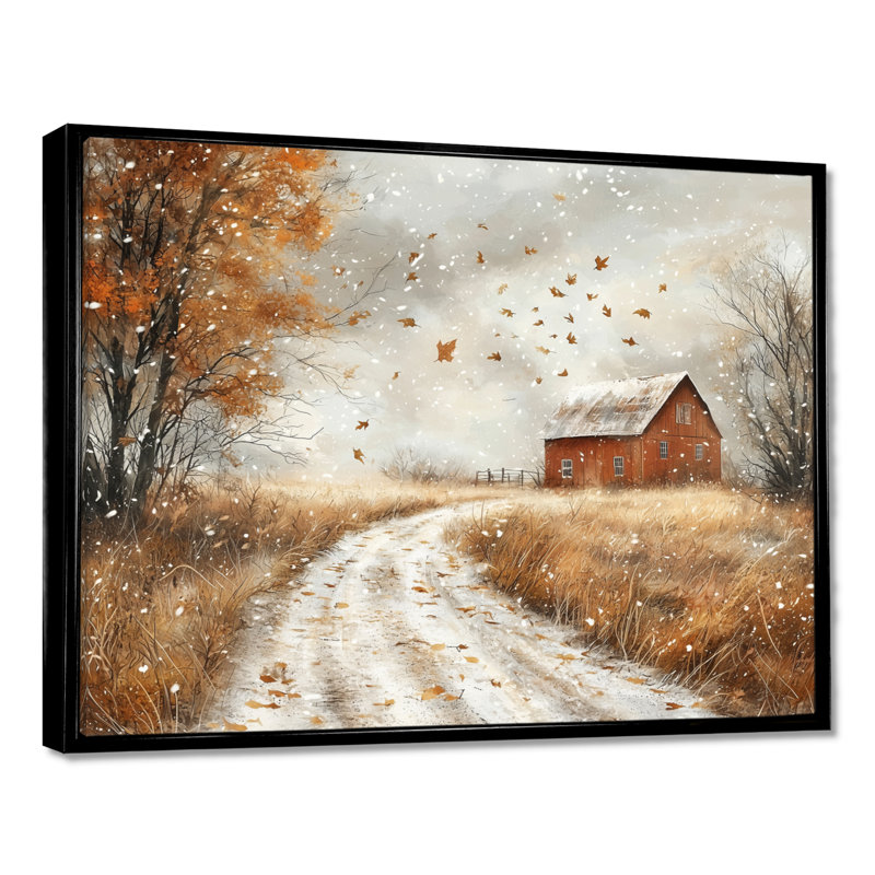 Dreketi Windy Prairie Leaves Path To The Barn III - feuilles, art mural, H 16 po x l 32 po, Impression encadrée flottante