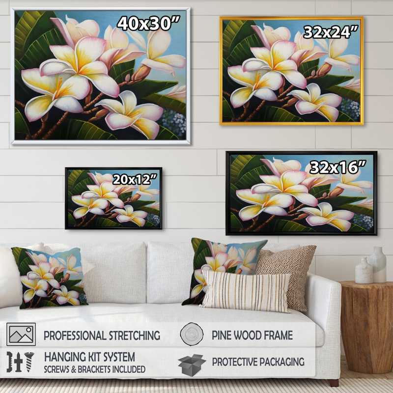 «White and Yellow Blossoming Plumeria I», reproduction sur toile, H 16 po x l 32 po x P 1 po, Toile avec cadre flottant noir